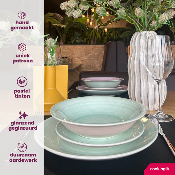 Cookinglife Juego de Vajilla Pastel Harmony 18 piezas / 6 personas - 6 platos llanos, 6 platos para desayuno y 6 platos hondos