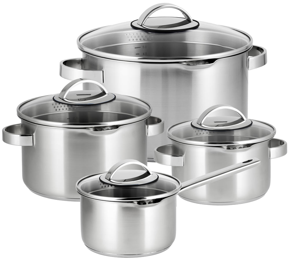 Sola Cookware set Pearl 4-piece stainless steel – downdraft suitable – cooking pots Ø 16, 18, 20 cm & saucepan Ø 16 cm – suitable for all heat sources