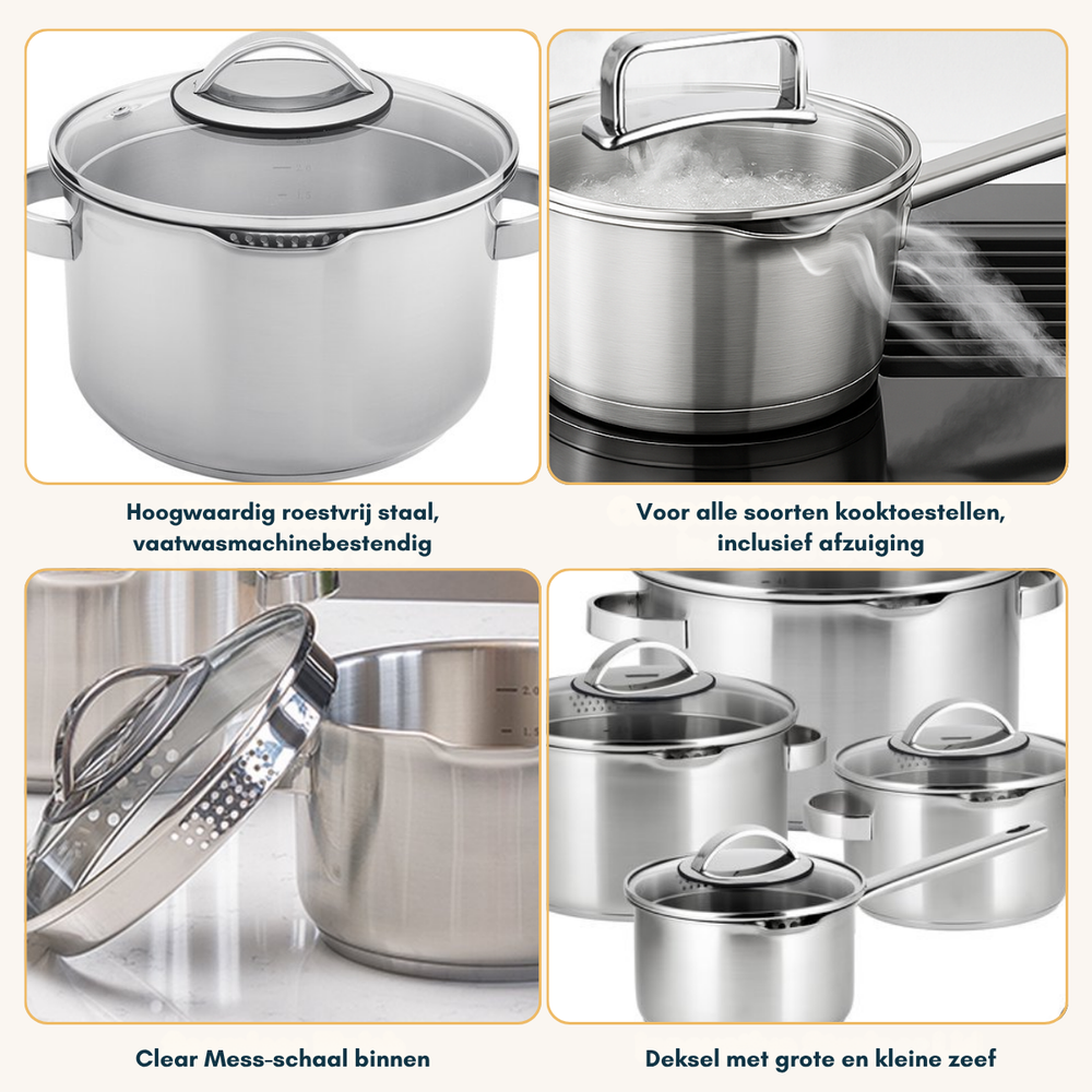 Sola Cookware set Pearl 4-piece stainless steel – downdraft suitable – cooking pots Ø 16, 18, 20 cm & saucepan Ø 16 cm – suitable for all heat sources