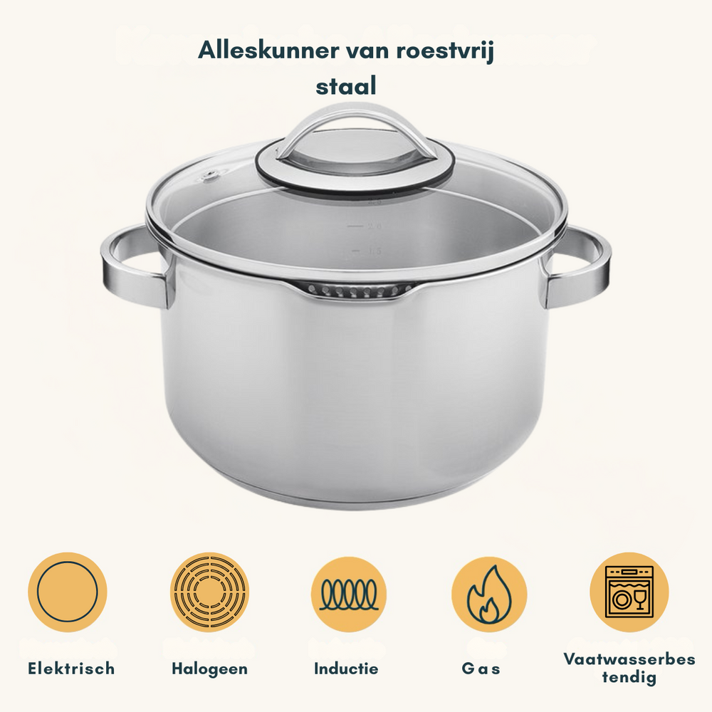 Sola Cookware set Pearl 4-piece stainless steel – downdraft suitable – cooking pots Ø 16, 18, 20 cm & saucepan Ø 16 cm – suitable for all heat sources