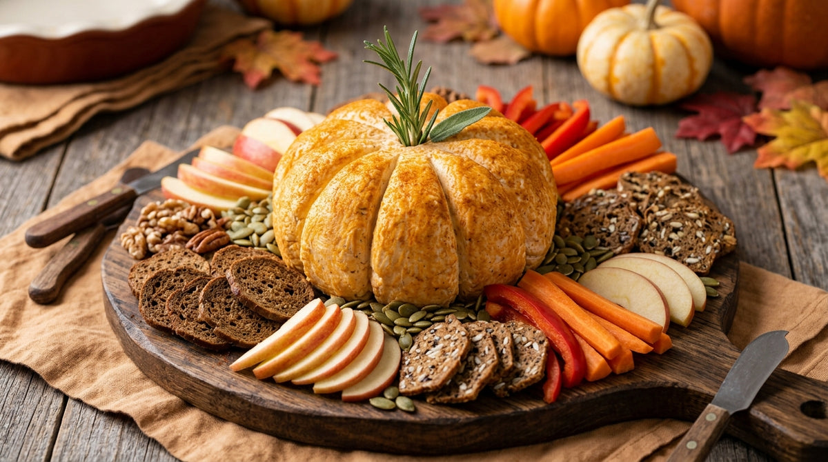 Een feestelijke kaasdip die eruitziet als een pompoen, perfect voor de herfst