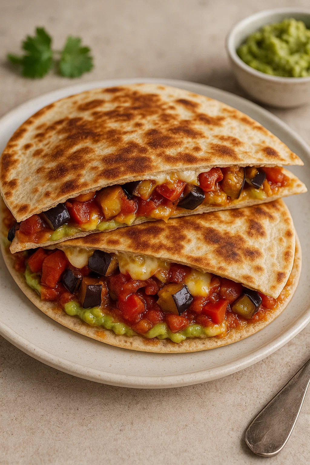 Crispy wraps filled with a creamy eggplant–pepper filling, avocado and melted cheese