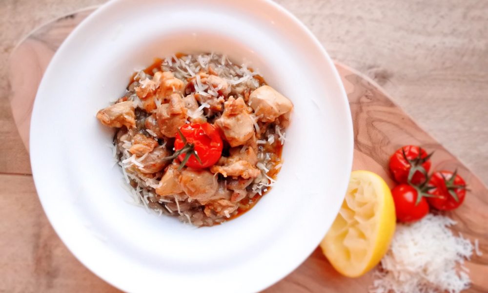 Creamy brown rice risotto with juicy lemon chicken, aubergine and grilled cherry tomatoes
