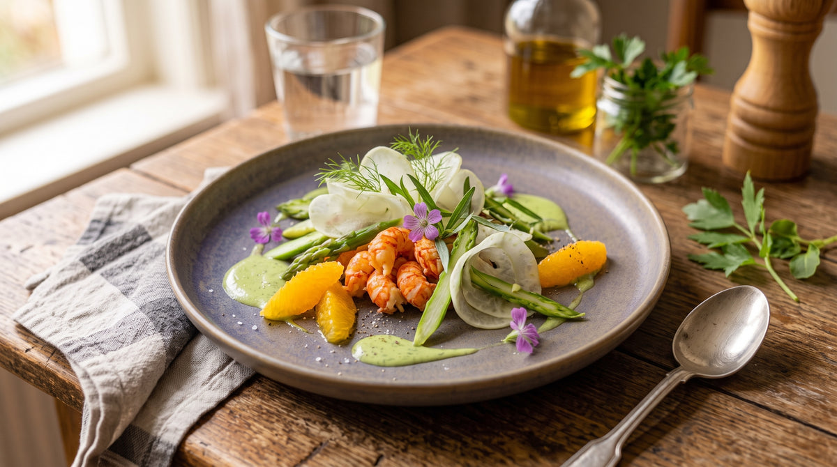 Refined plate with sweet crayfish, crisp asparagus and fresh citrus