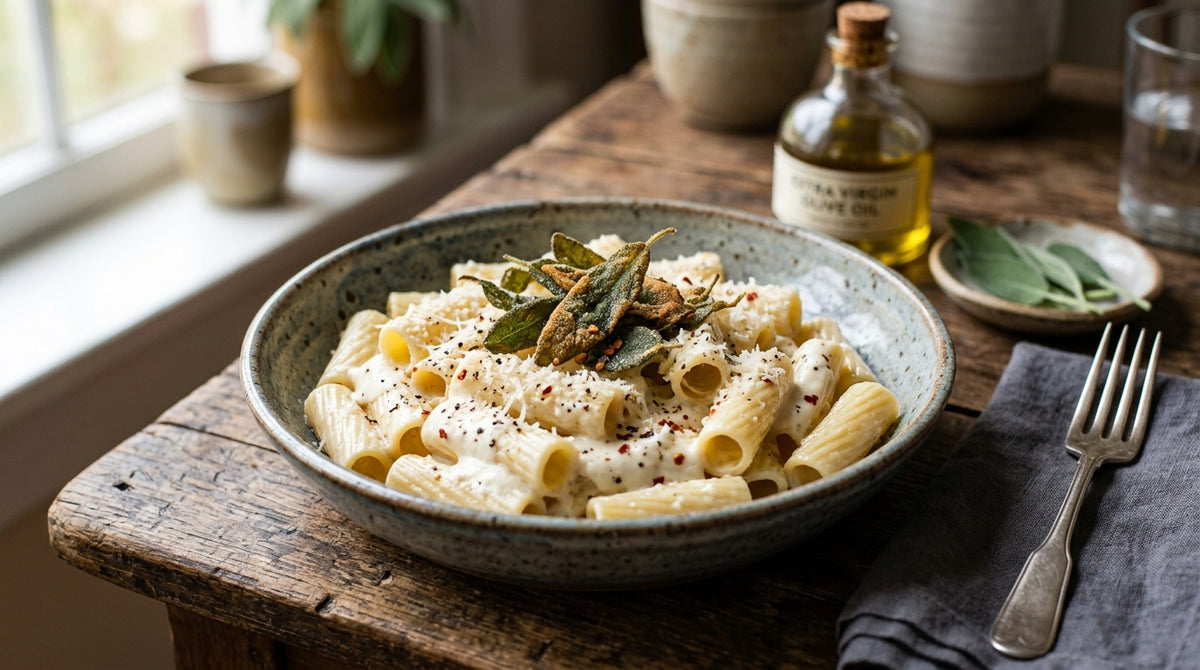 Pasta met karakter: zacht, romig en licht pikant van de geitenkaas.
