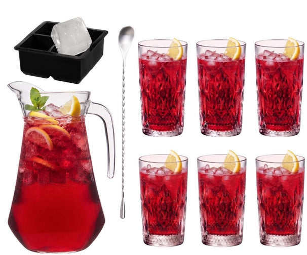 Cocktailset Rooie Annie - Decantador 1,6 L con 6 vasos largos de 490 ml, cuchara de cóctel y molde para cubitos de hielo