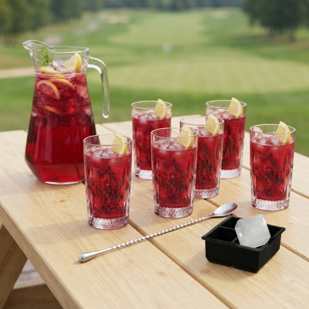 Cocktail Set Red Annie - Carafe 1.6 L with 6 Long Drink Glasses 490 ml, Cocktail Spoon & Ice Cube Tray