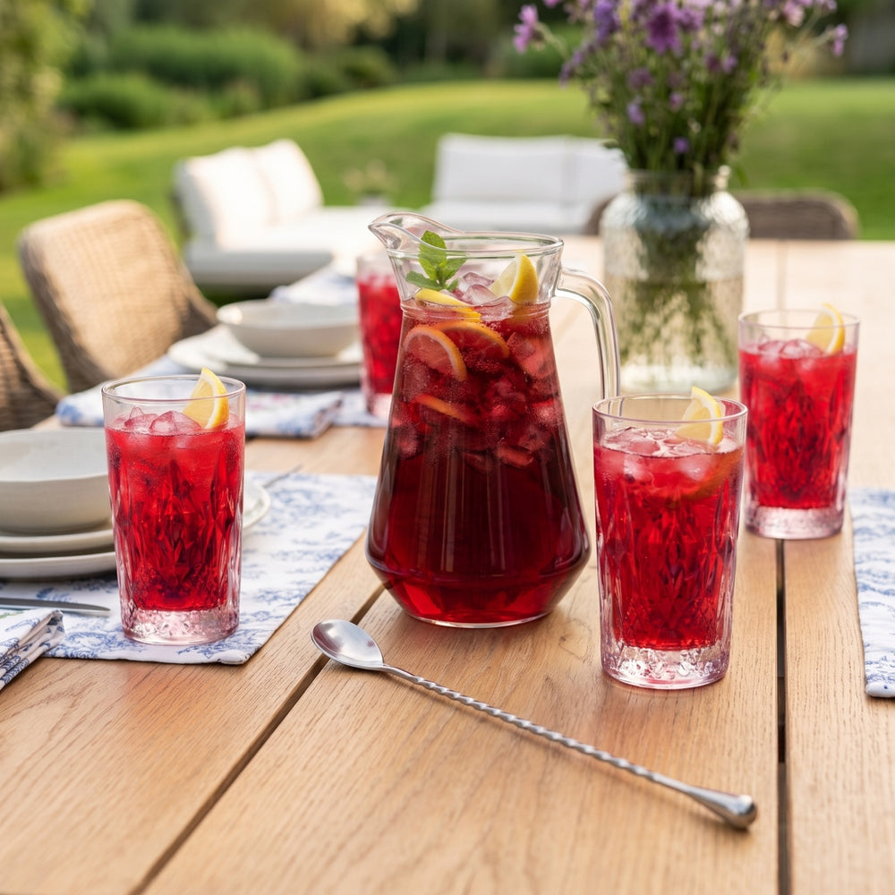 Cocktail Set Red Annie - Carafe 1.6 L with 6 Long Drink Glasses 490 ml, Cocktail Spoon & Ice Cube Tray
