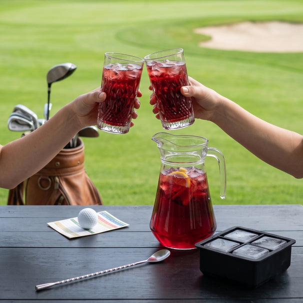 Cocktailset Rooie Annie - Decantador 1,6 L con 6 vasos largos de 490 ml, cuchara de cóctel y molde para cubitos de hielo