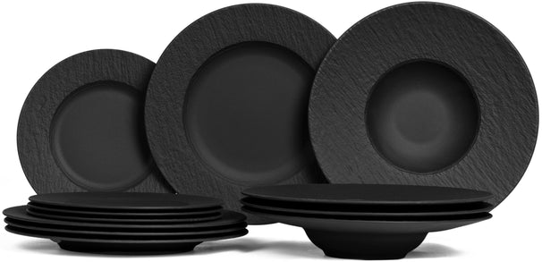 Villeroy & Boch Juego de Vajilla Manufacture Rock - Negro 12 piezas / 4 personas - 4 platos de cena, 4 platos de desayuno y 4 platos para pasta