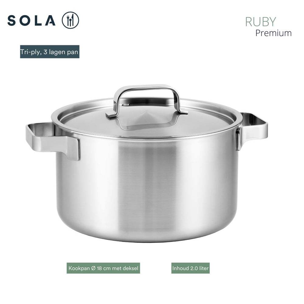 Sola Set de Sartenes Ruby 4 Piezas Premium Triply Acero Inoxidable - Olla ø 16, 18, 20 cm & Cacerola ø 16 cm - Apta para Inducción