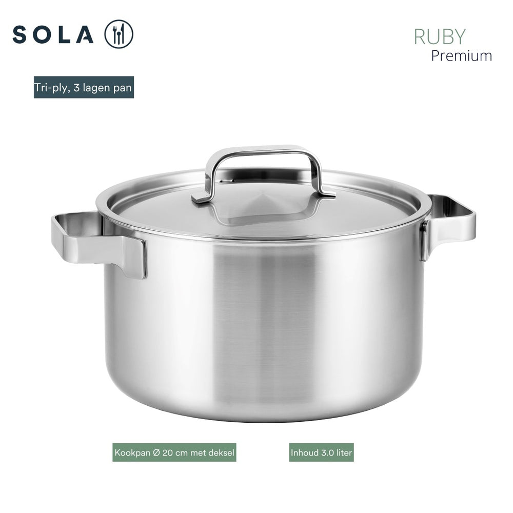 Sola Set de Sartenes Ruby 4 Piezas Premium Triply Acero Inoxidable - Olla ø 16, 18, 20 cm & Cacerola ø 16 cm - Apta para Inducción