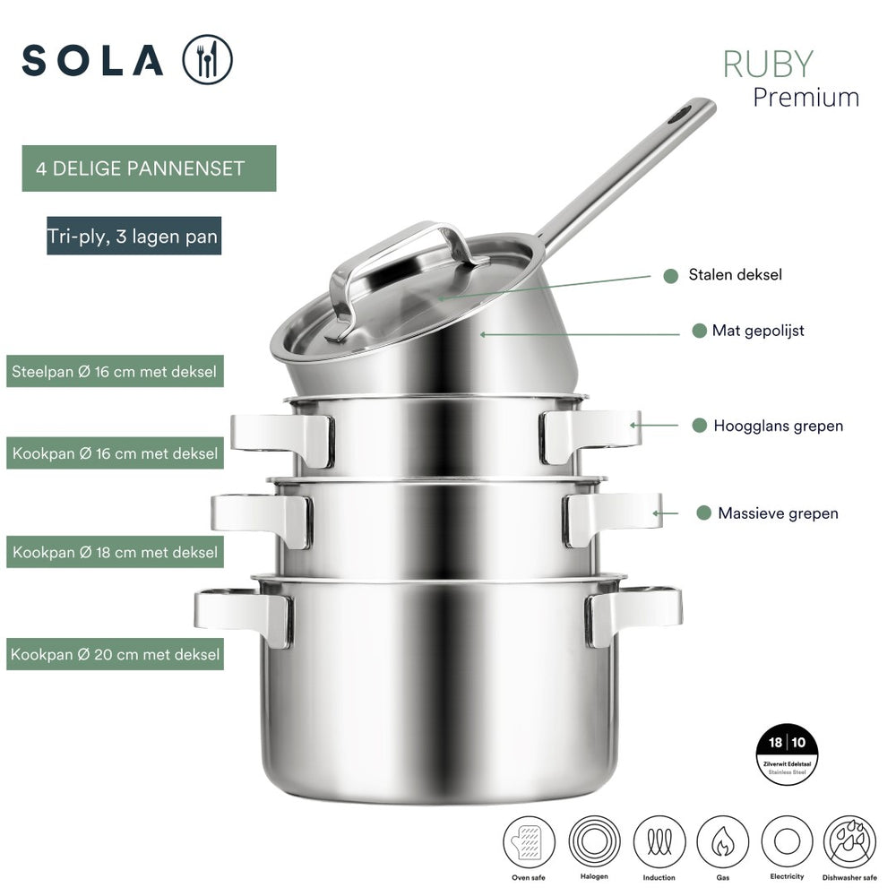 Sola Set de Sartenes Ruby 4 Piezas Premium Triply Acero Inoxidable - Olla ø 16, 18, 20 cm & Cacerola ø 16 cm - Apta para Inducción