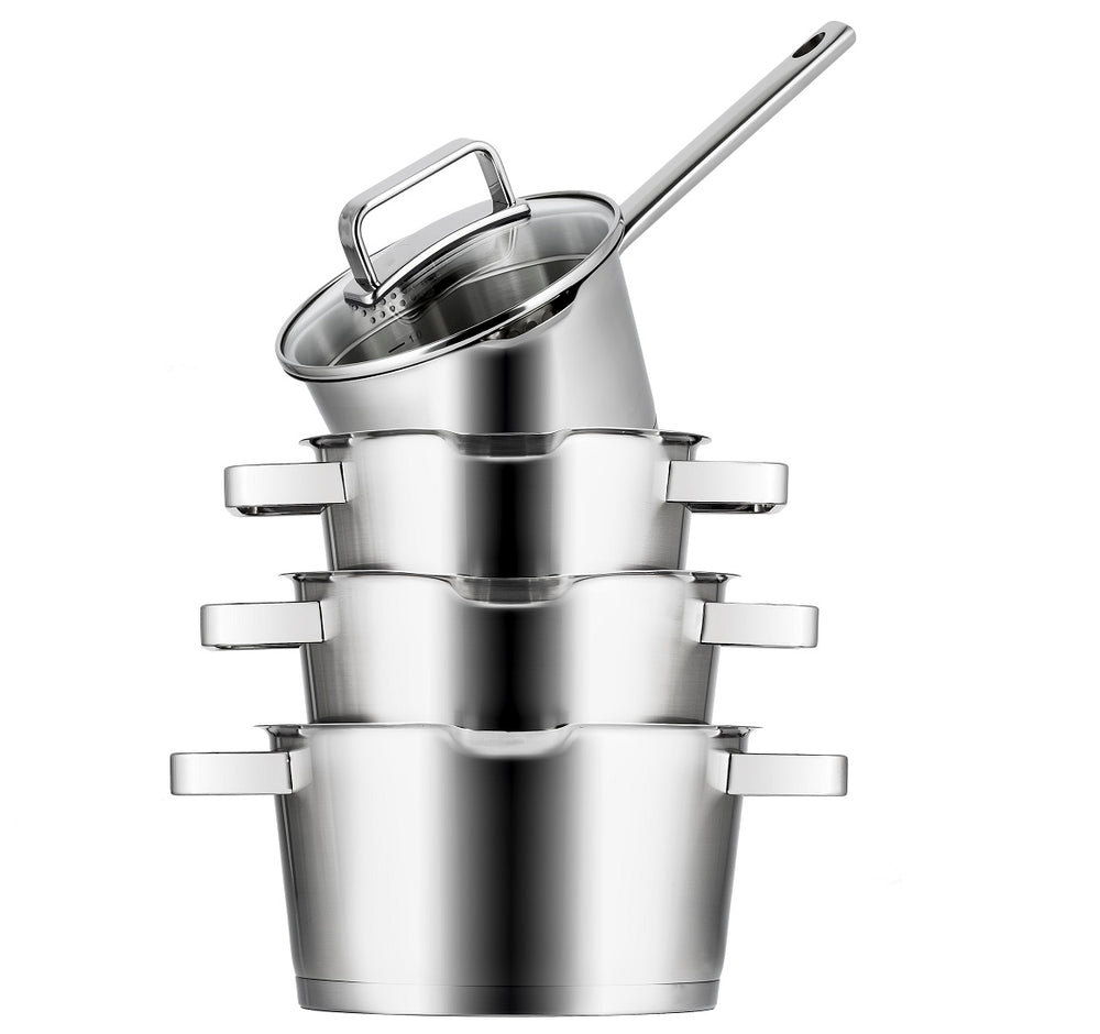 Sola Cookware set Diamond 4-piece stainless steel – downdraft suitable – cooking pots Ø 16, 18, 20 cm & saucepan Ø 16 cm – suitable for all heat sources