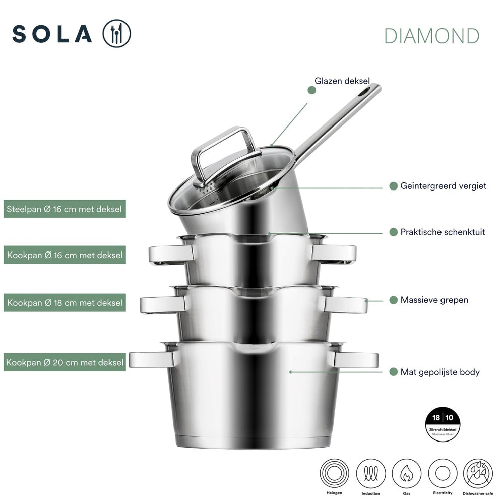 Sola Cookware set Diamond 4-piece stainless steel – downdraft suitable – cooking pots Ø 16, 18, 20 cm & saucepan Ø 16 cm – suitable for all heat sources