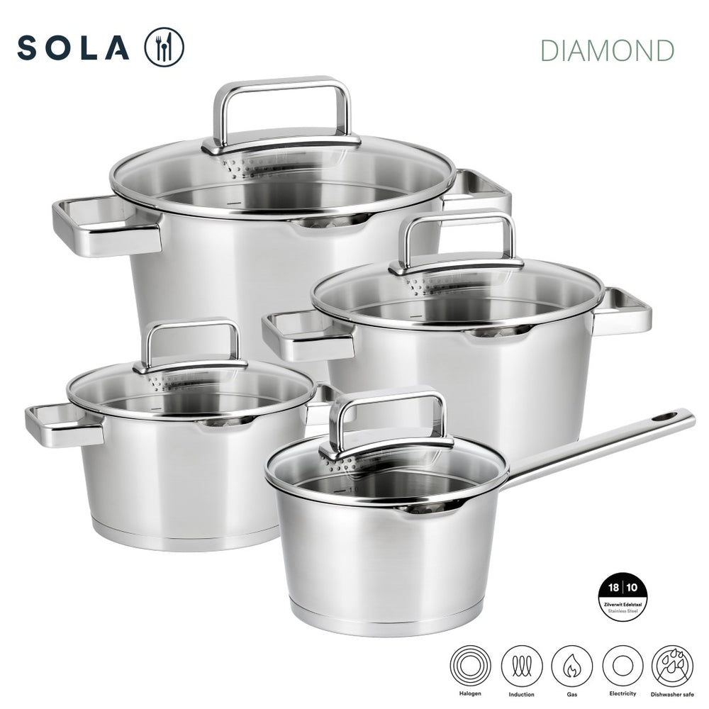 Sola Cookware set Diamond 4-piece stainless steel – downdraft suitable – cooking pots Ø 16, 18, 20 cm & saucepan Ø 16 cm – suitable for all heat sources