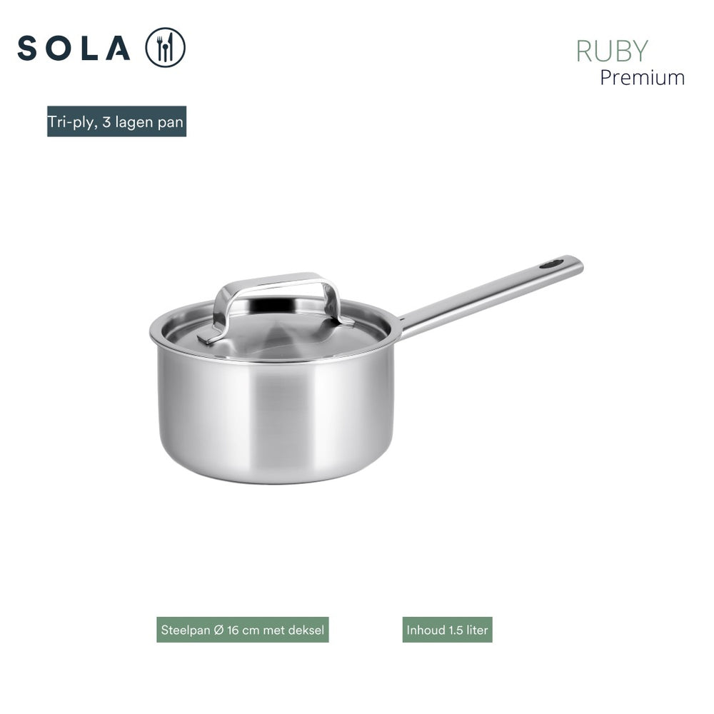 Sola Set de Sartenes Ruby 4 Piezas Premium Triply Acero Inoxidable - Olla ø 16, 18, 20 cm & Cacerola ø 16 cm - Apta para Inducción