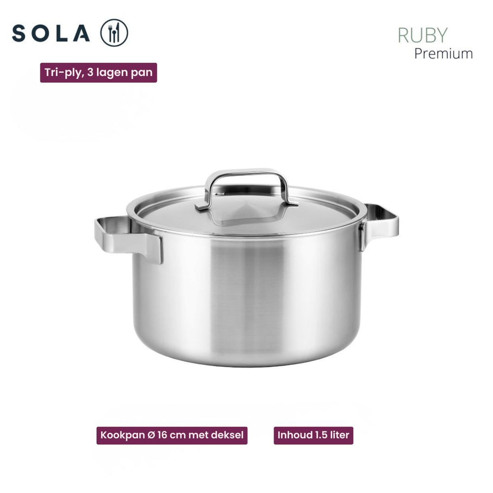 Sola Cookware Set Ruby 5-Piece Premium Triply Stainless Steel - Cooking Pot ø 16, 18, 20, 24 cm & Saucepan ø 16 cm - Suitable for All Heat Sources
