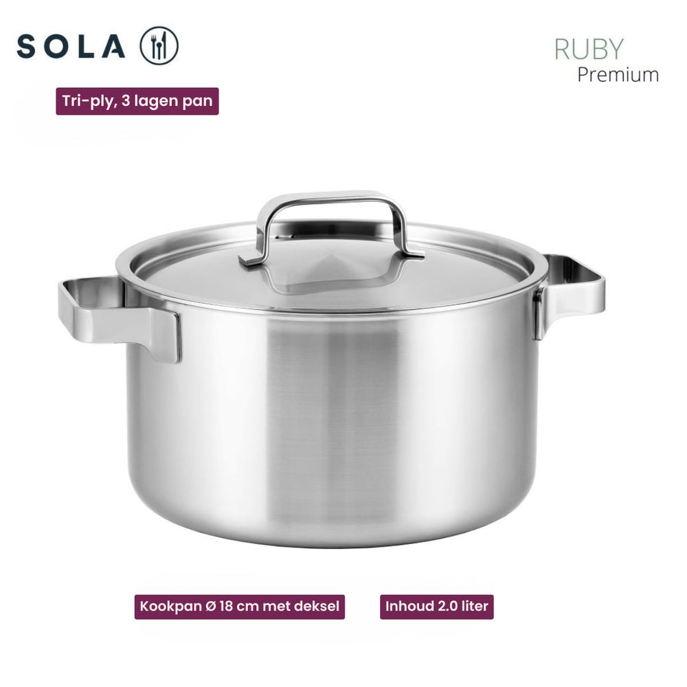 Sola Cookware Set Ruby 5-Piece Premium Triply Stainless Steel - Cooking Pot ø 16, 18, 20, 24 cm & Saucepan ø 16 cm - Suitable for All Heat Sources