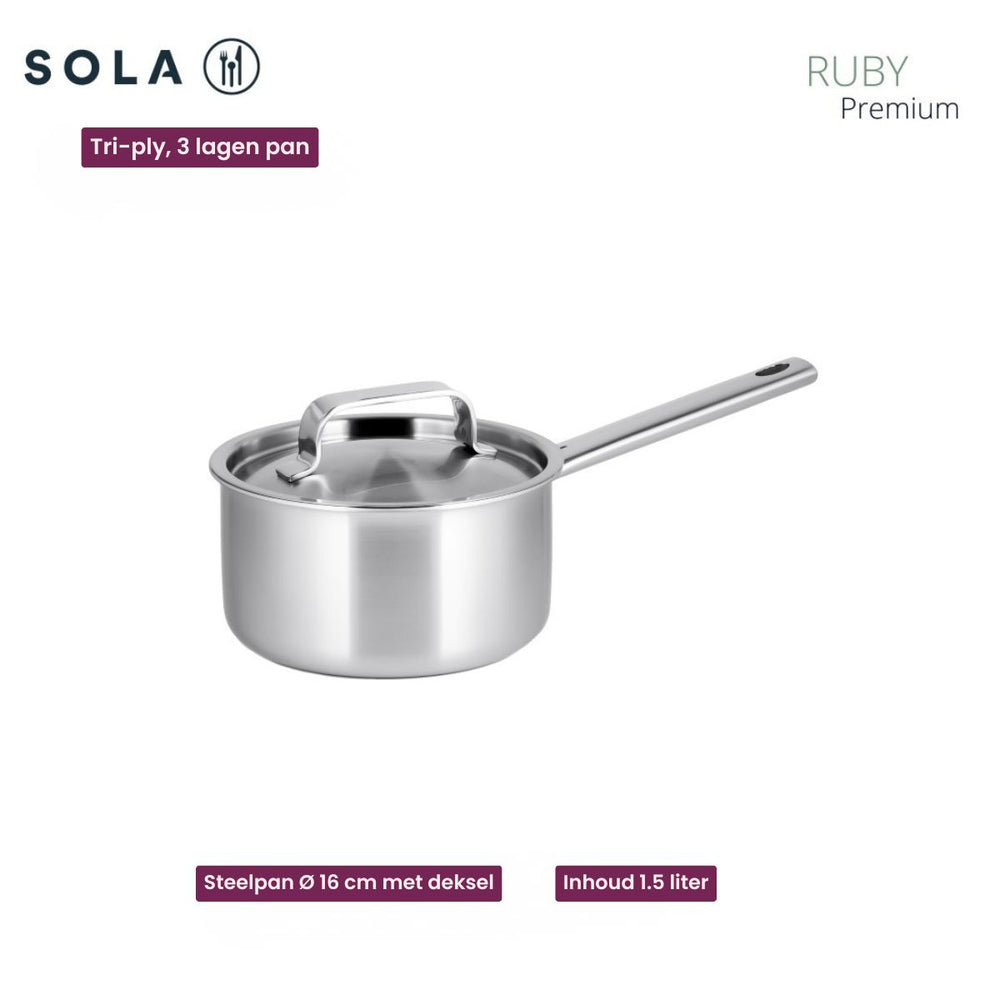 Sola Cookware Set Ruby 5-Piece Premium Triply Stainless Steel - Cooking Pot ø 16, 18, 20, 24 cm & Saucepan ø 16 cm - Suitable for All Heat Sources