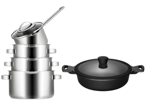 Set de sartenes Sola Pearl 5 piezas de acero inoxidable - compatible con extracción de humos & Sartén para aperitivos Sola Fair ø 28 cm - apto para todas las fuentes de calor