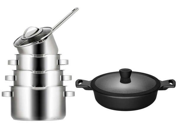 Set de sartenes Sola Pearl 5 piezas de acero inoxidable - compatible con extracción de humos & Sartén para aperitivos Sola Fair ø 28 cm - apto para todas las fuentes de calor