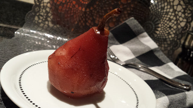 Softly stewed pears with a sweet liqueur note