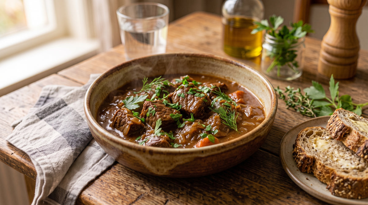 Rich, tender beef stew as it should be: slowly cooked with a generous splash of Belgian beer.