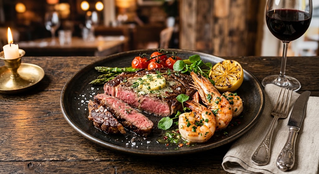 Luxurious fish and meat on one plate, right at home.