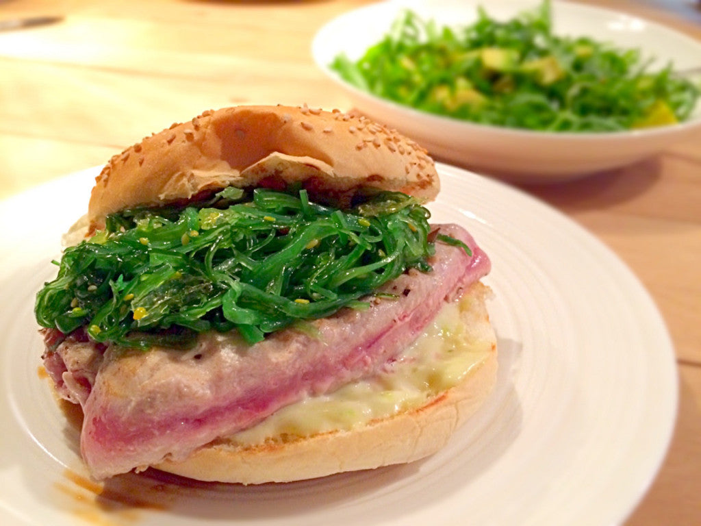 Quick grilled tuna burger with wasabi mayo and wakame