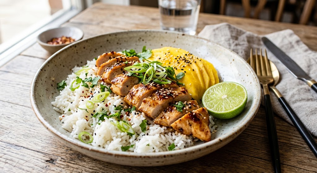 Creamy coconut rice with juicy chicken and fresh mango, ready for the table.