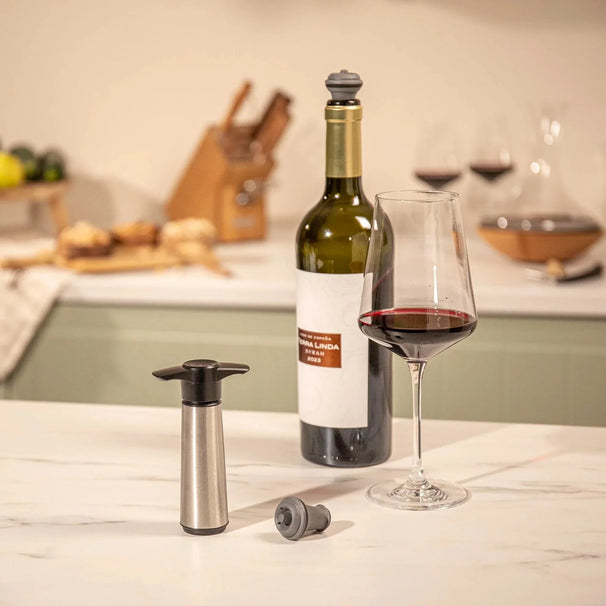 Bomba para vino con 2 tapones Vacu Vin - Conservador de vino de acero inoxidable - Plateado