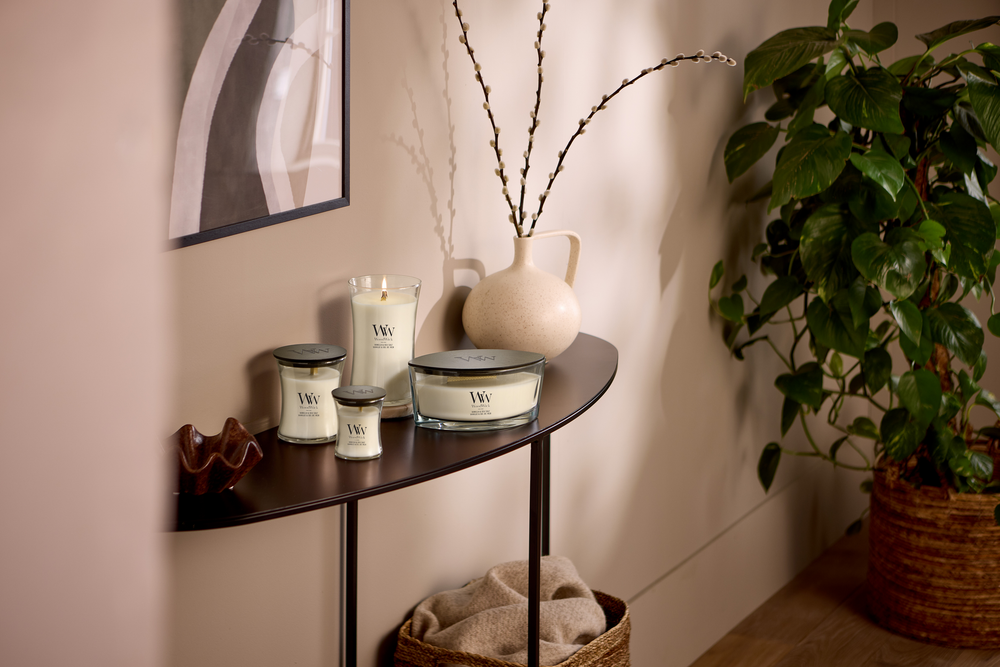 WoodWick Vela Aromática Grande Vainilla & Sal Marina - 18 cm / ø 10 cm - Vela Aromática en Vidrio - Mecha de Madera