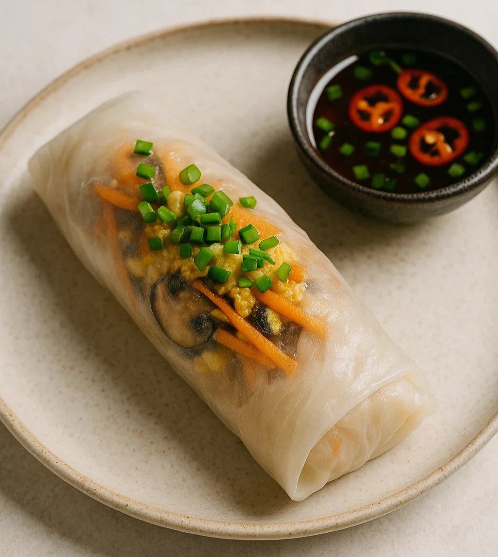 Fresh and light Vietnamese spring rolls filled with vegetables and egg, served with Tamari