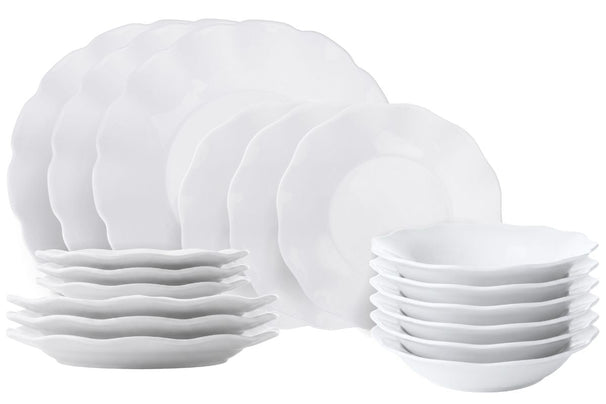 Villa d'Este Home juego de vajilla Scallop blanco vidrio opalino 18 piezas / 6 personas - 6 platos de cena, 6 platos de desayuno y 6 platos hondos