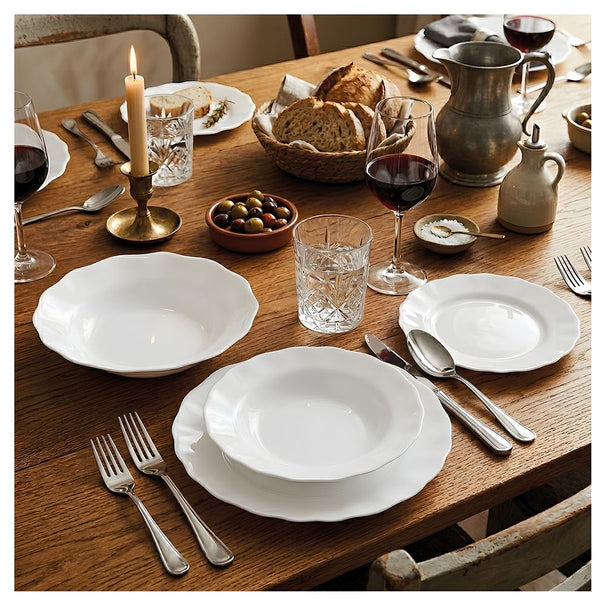 Villa d'Este Home juego de vajilla Scallop blanco vidrio opalino 18 piezas / 6 personas - 6 platos de cena, 6 platos de desayuno y 6 platos hondos