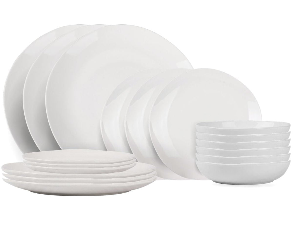 Villa d'Este Home Dinnerware Set Wave White Porcelain 18-piece / 6 persons - 6 dinner plates, 6 breakfast plates and 6 deep plates