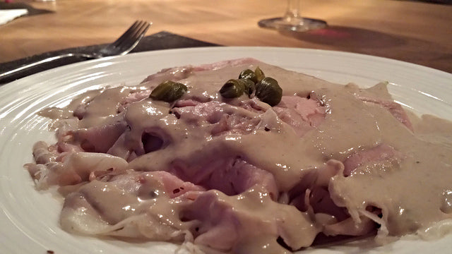 A classic Italian starter with tender veal fricandeau and creamy tuna mayonnaise