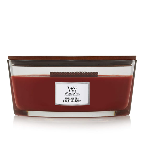 WoodWick Vela aromática Elipse Cinnamon Chai - 9 cm / 19 cm - Vela en vaso - Mecha de madera