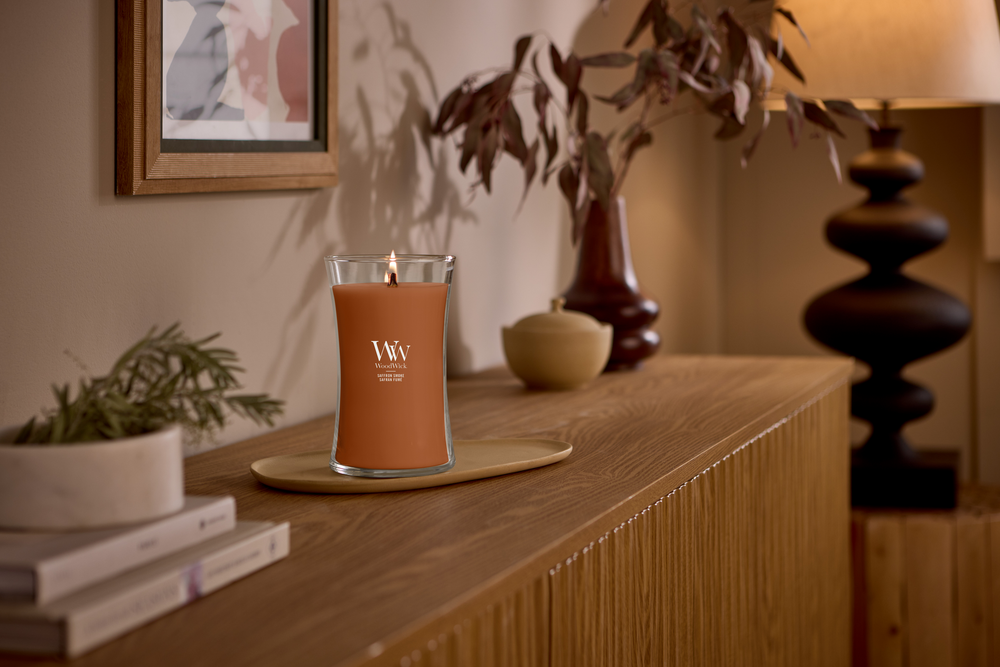 WoodWick Vela Aromática Grande Saffron Smoke - 18 cm / ø 10 cm - Vela Aromática en Vidrio - Pabilo de Madera