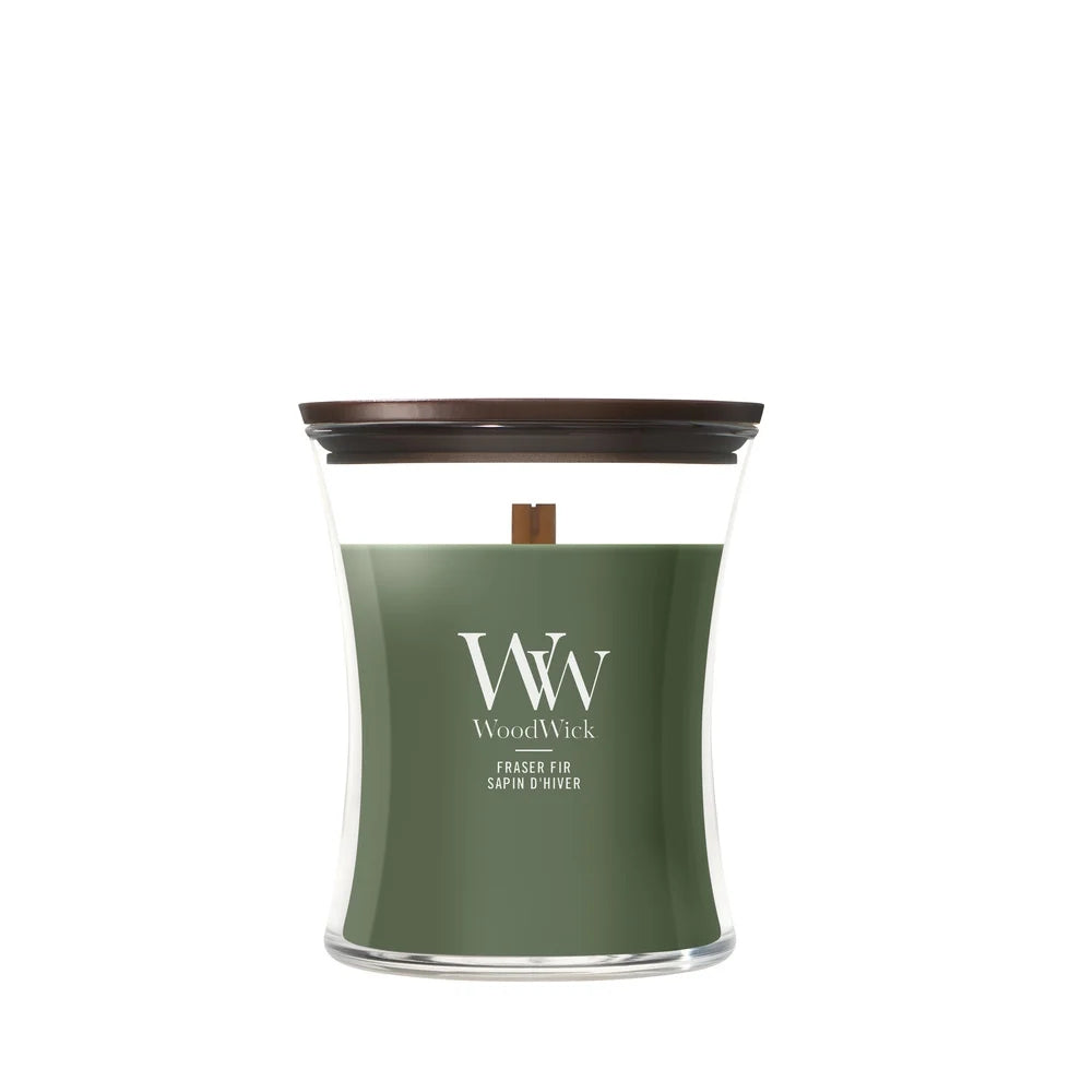WoodWick Vela Aromática Mediana Frasier Fir - 11 cm / ø 10 cm - Vela Aromática en Vidrio - Mecha de Madera