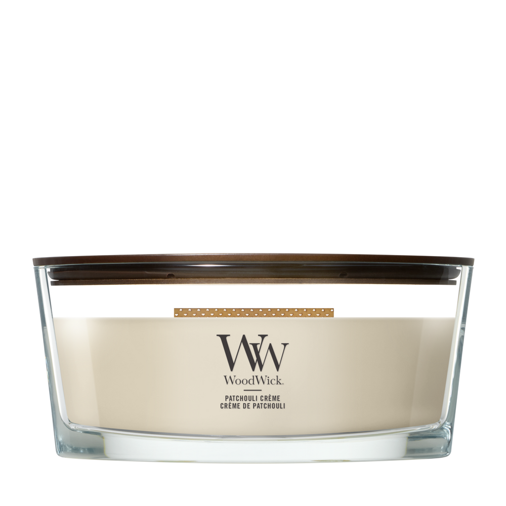 WoodWick Vela Aromática Ellipse Patchouli Crème - 9 cm / 19 cm - Vela Aromática en Vidrio - Mecha de Madera