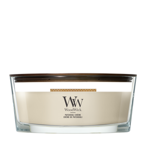 WoodWick Scented Candle Ellipse Patchouli Crème - 9 cm / 19 cm - Scented Candle in Glass - Wooden Wick