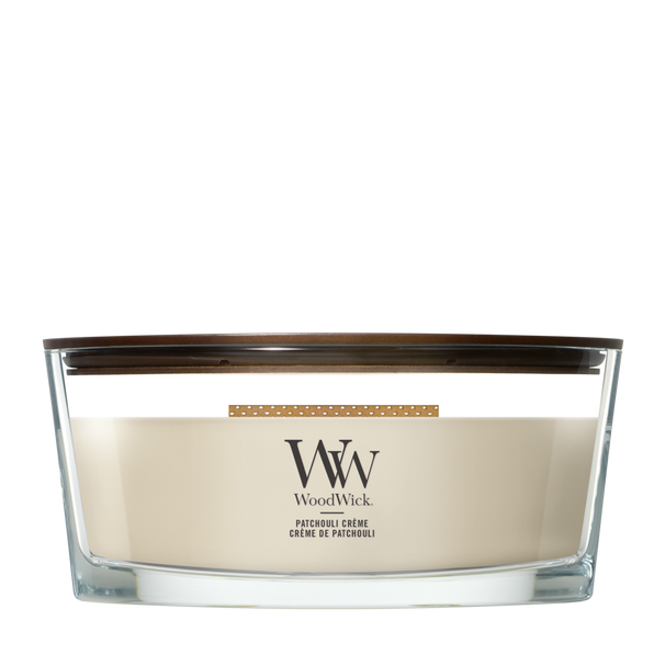 WoodWick Scented Candle Ellipse Patchouli Crème - 9 cm / 19 cm - Scented Candle in Glass - Wooden Wick
