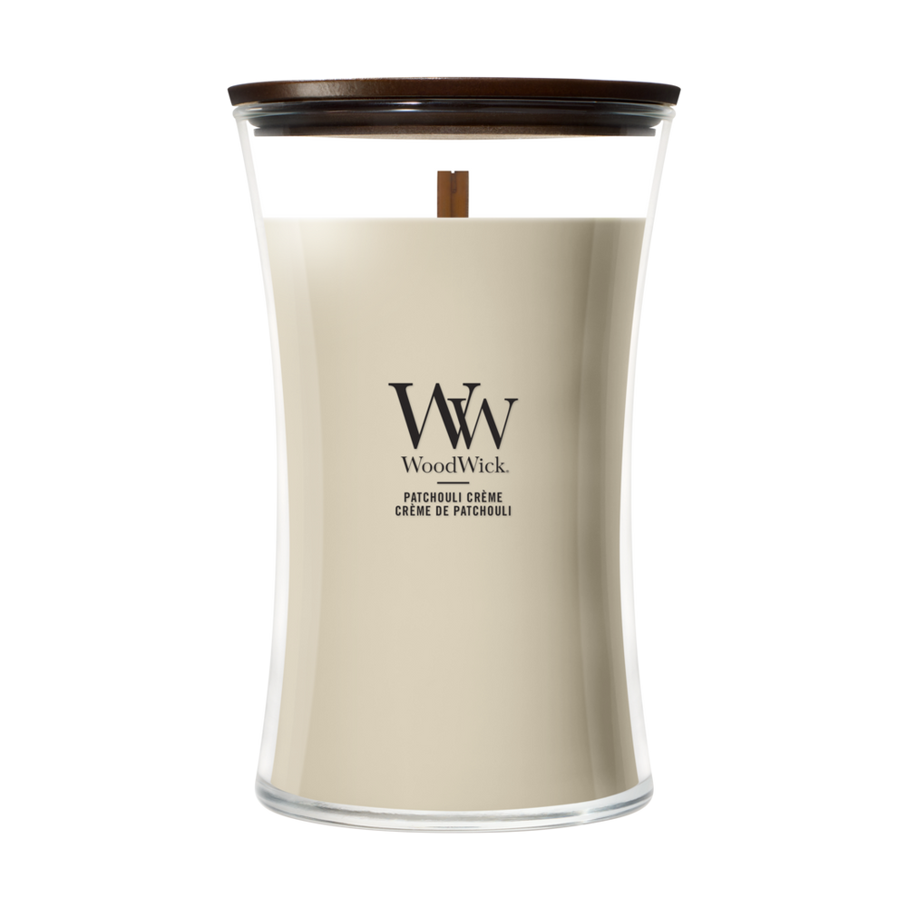 WoodWick Vela Aromática Grande Patchouli Crème - 18 cm / ø 10 cm - Vela Aromática en Vidrio - Mecha de Madera