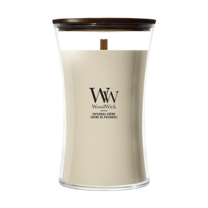 WoodWick Scented Candle Large Patchouli Crème - 18 cm / ø 10 cm - Scented Candle in Glass - Wooden Wick