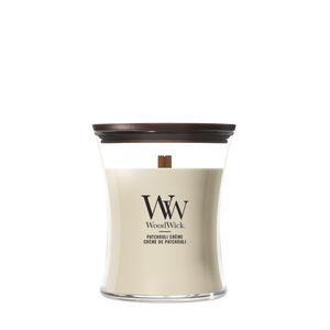 WoodWick Scented Candle Medium Patchouli Crème - 11 cm / ø 10 cm - Scented Candle in Glass - Wooden Wick