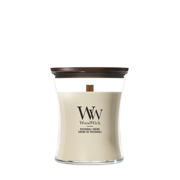 WoodWick Scented Candle Medium Patchouli Crème - 11 cm / ø 10 cm - Scented Candle in Glass - Wooden Wick