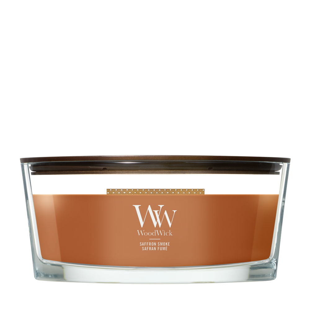 WoodWick Vela Aromática Ellipse Saffron Smoke - 9 cm / 19 cm - Vela Aromática en Vidrio - Mecha de Madera