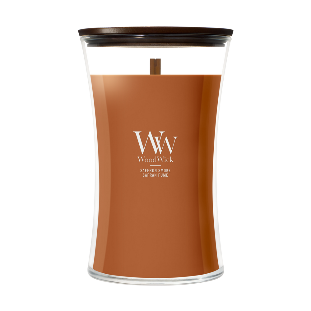 WoodWick Vela Aromática Grande Saffron Smoke - 18 cm / ø 10 cm - Vela Aromática en Vidrio - Pabilo de Madera